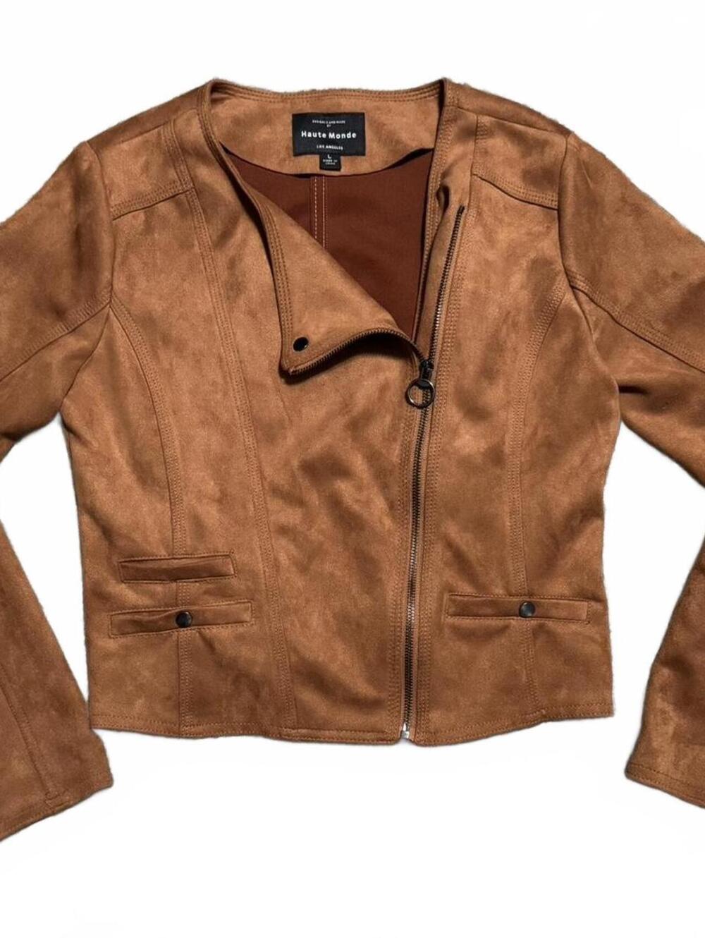 Haute Monde Tan Biker Style Side Zip Jacket Size L